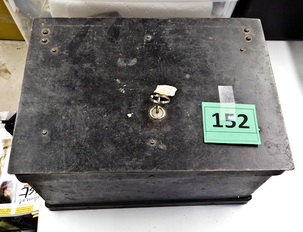 lot 152 image: Vintage strong box with key quite heavy