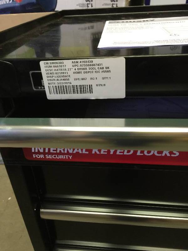 lot 50 image: Husky 27 in. W 4-Drawer Tool Cabinet, Black