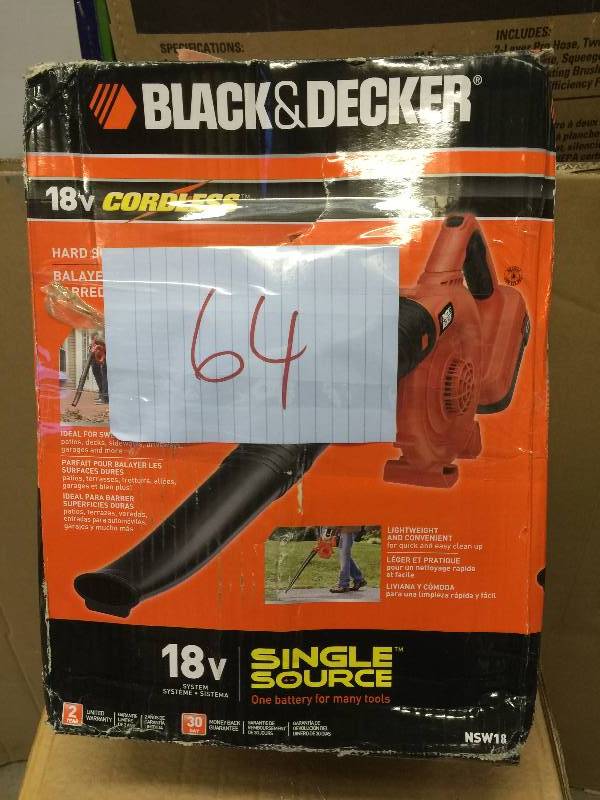 lot 64 image: BLACKDECKER 120 mph 90 CFM 18-Volt Ni-Cad Cordless Electric Sweeper new