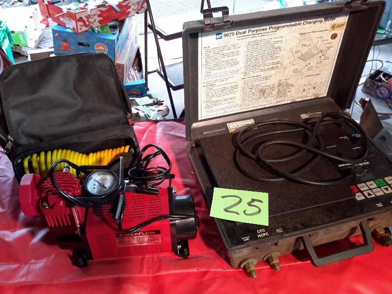 TIFF Dual purpose programable Charging Meter with Electronic Scale Super Flow portable Air Compressor and hose in carrying bag (appears new).