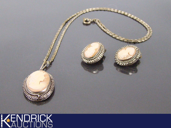 Antique .800 Silver Cameo NecklaceEarring Set