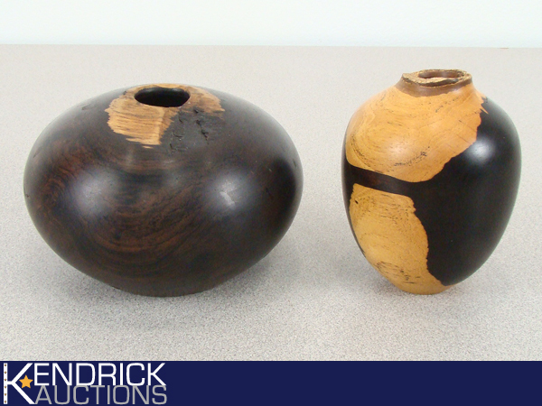 2 Hand Carved Burl Wood Vases Signed Mark Reschke