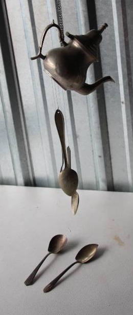Unique Silver Teapot Windchime & 2 Silver Spoons