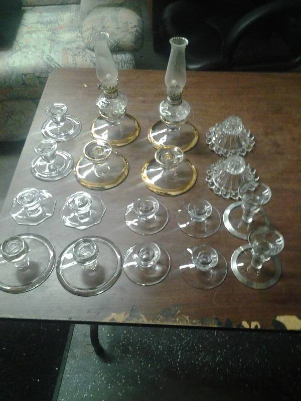 Assorted Pairs Of Glass Candle Holders, Pair Of Oil Lamps With Candle Bases