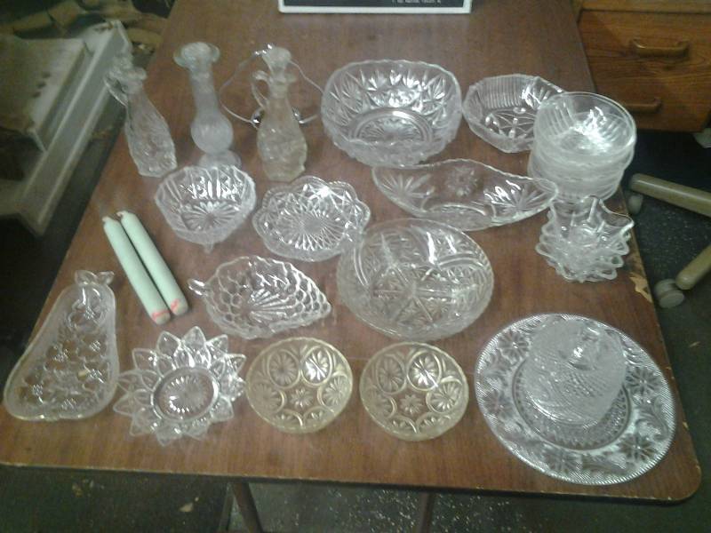 Lot Of Cut Glass & Crystal Relish Dishes & Candle Holders, Cruets & More