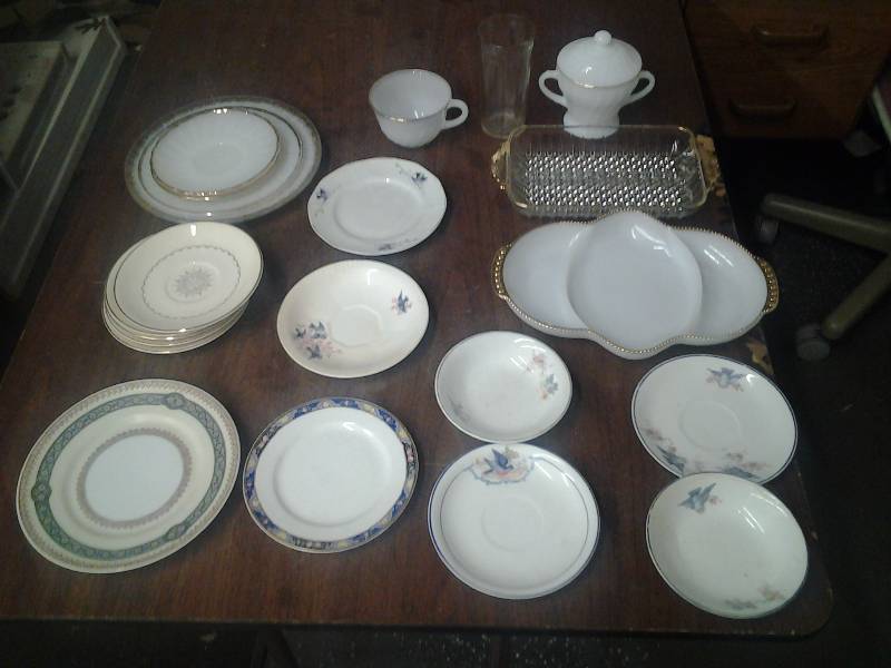 Box Lot Vintage Dishes With Gold Rims, Divided Dish, Saucers, Plates, More