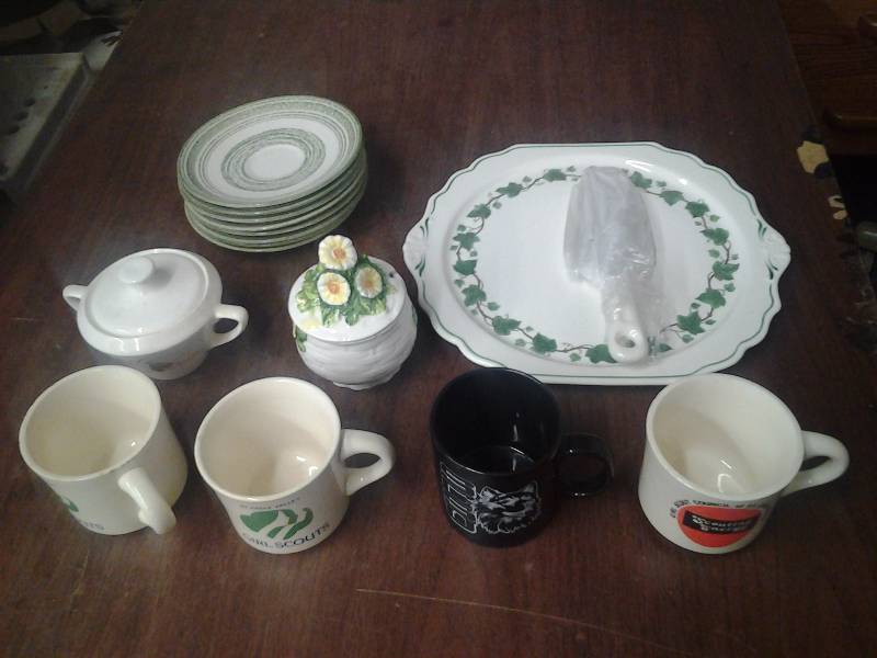 Lefton Jelly Container, Sugar Bowl With Leaf Design, Girl Scout Mug, Other Glass Ware