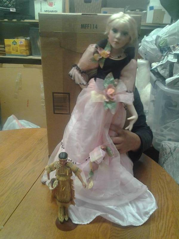 24 Inch Porcelain Doll With Stand & 9 Inch Indian Doll With Stand
