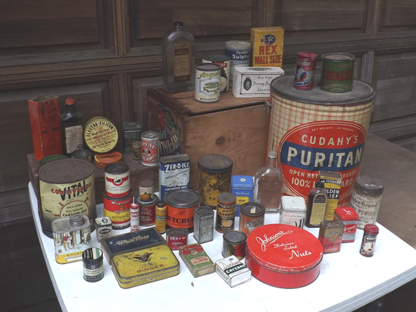 lot 103 image: Large Lot of Antique Remedy, Spice, Utility etc. Tins and Bottles In 2 Wood Boxes