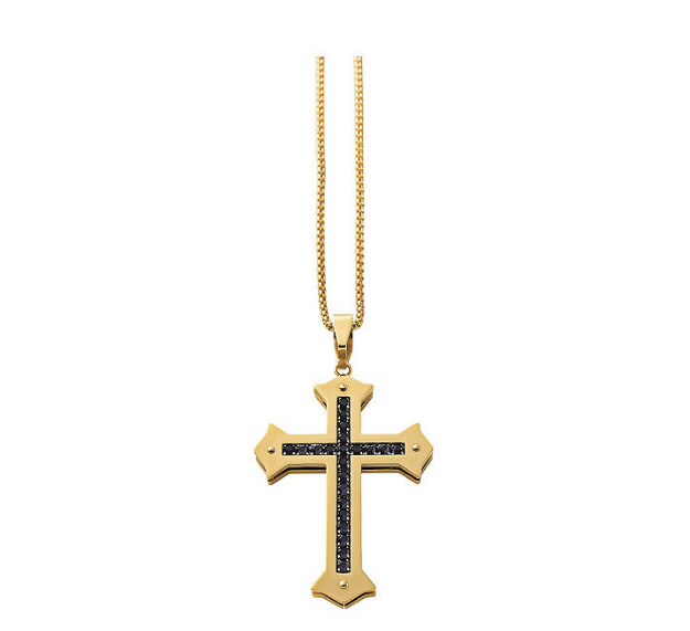 lot 96 image: Mens Gold Stainless Steel Black Crystal Cross & Bracelet Set