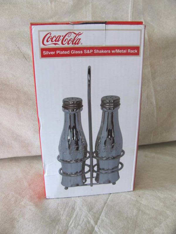 lot 170 image: Coca-Cola Silver Plated Glass Salt & Pepper Shakers Set