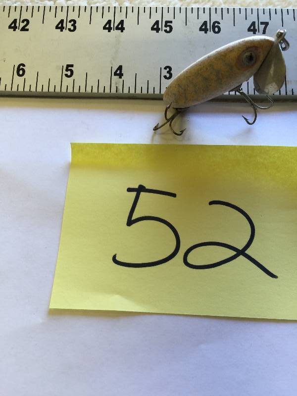 lot 52 image: RARE VINTAGE FISHING LURE FRED ARBOGAST JITTERBUG WHITE METAL LIP
