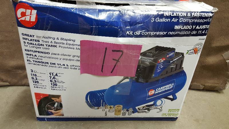 lot 17 image: Campbell Hausfeld 3 Gallon Air Compressor Kit Compact Portable Inflator Car Tire