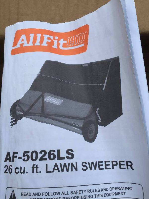 lot 82 image: AllFitHD 50 in. 26 cu. ft. Lawn Sweeper Model # AF-5026LS new