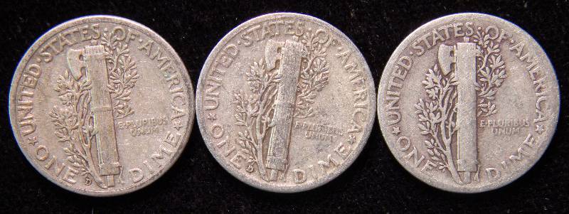 GROUP OF 3 SILVER MERCURY DIMES FINE-VF