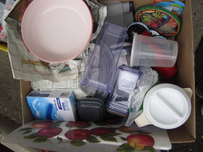 box of mixed kitchen supplies...