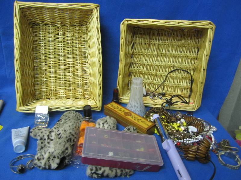 2 wicker baskets of jewelry and bea...