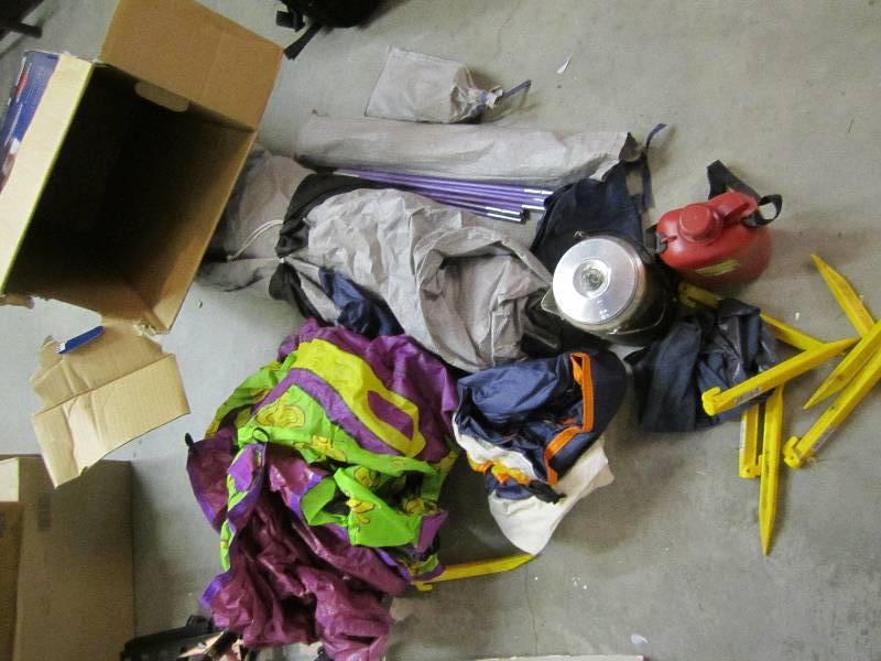 Box of camping gear, includes tent,...