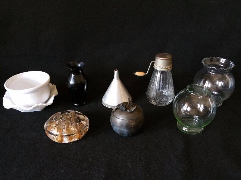 lot 97 image: Black Glass, Vintage Grinder, Frog, Depression Glass, Etc.