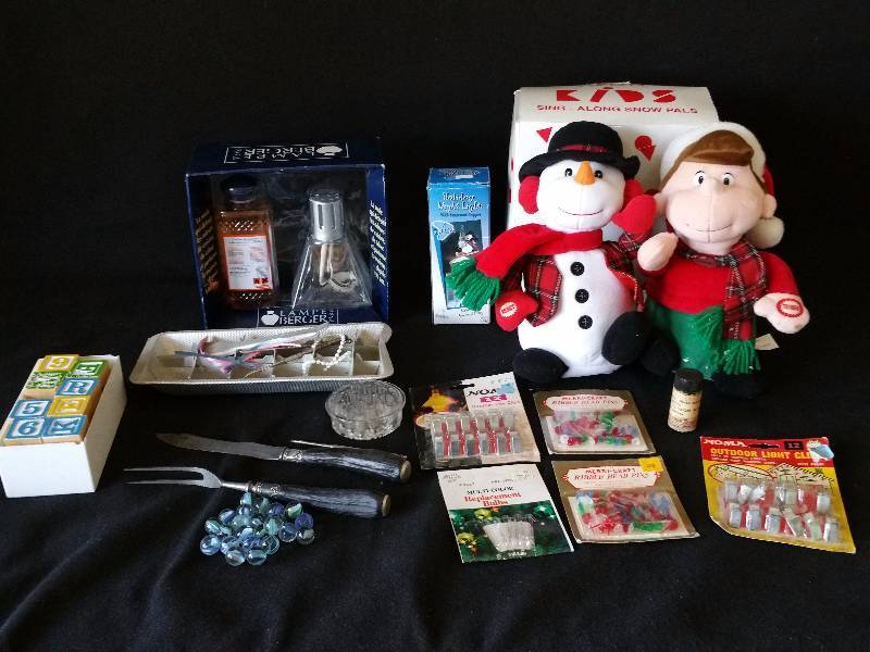 lot 113 image: Variety Grouping of Vintage Blocks, Perfume, Marbles, Talking Snow Pals, Etc.