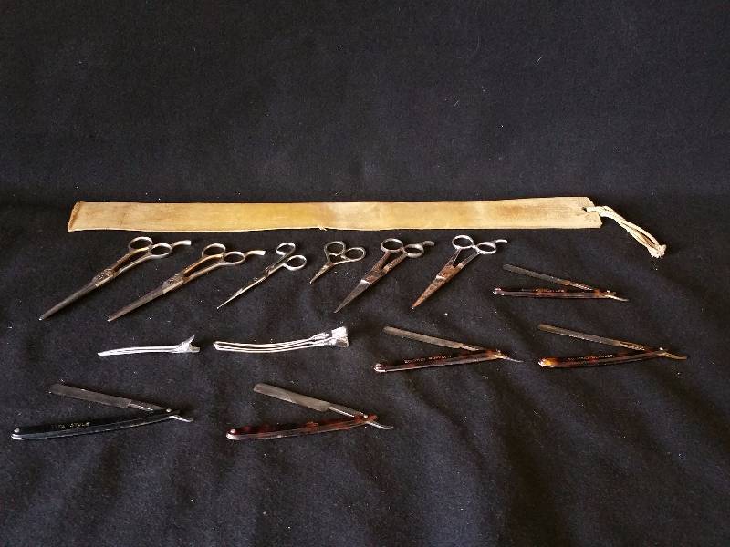lot 115 image: Great Group of Straight Edge Razors, Scissors, Leather Strap