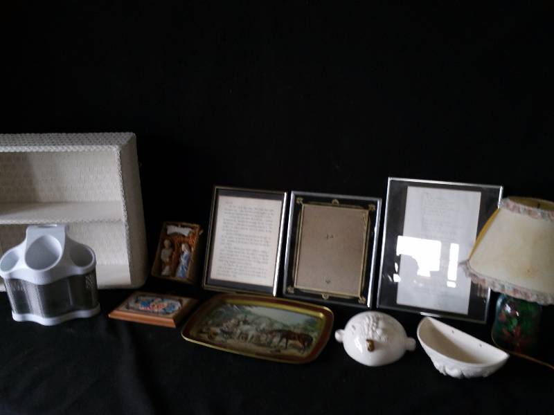 lot 215 image: Group of Framed Pieces, Shelf, Tray, Etc.