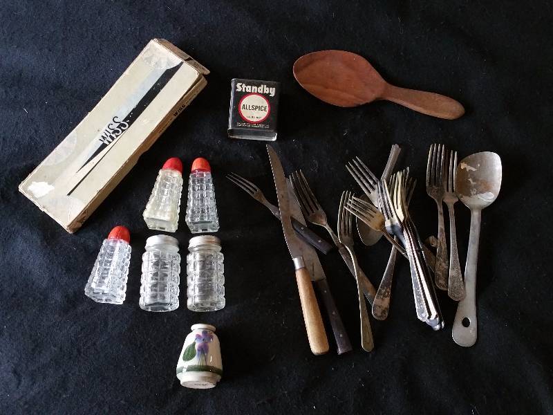 lot 220 image: Vintage Flatware, Allspice Canister, Salt and Pepper, Etc.