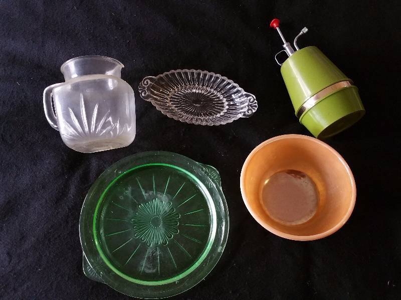 lot 222 image: Depression Double-Handled Plate, Vintage Pitcher, Fire King Bowl, Etc.