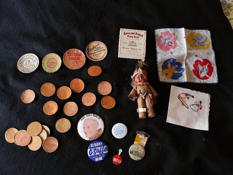 lot 225 image: Milk Caps, Vintage Pins, Vintage Hankerchief, etc.