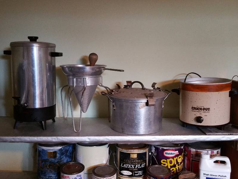lot 240 image: Pressure Cooker, Strainer Colander, Crock Pot, Coffee Pot, and