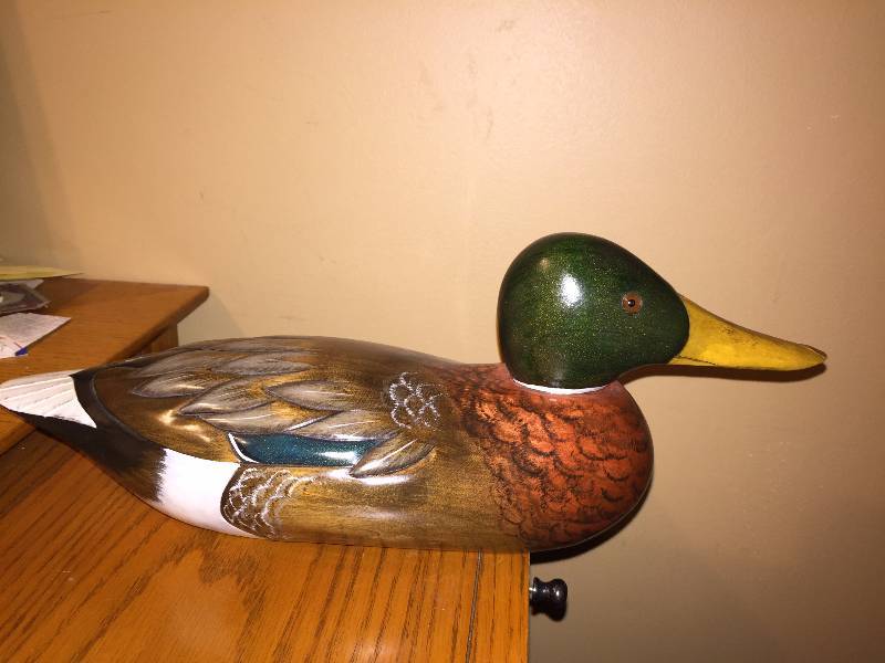 lot 73 image: Hand carved and painted Wooden Duck Decoy from Flyway  by Carol Miller, 1981