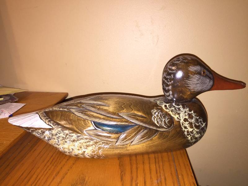 lot 74 image: Hand carved and painted Wooden Duck Decoy from Flyway  by Carol Miller, 1981