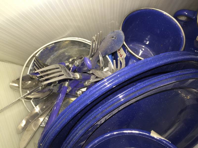lot 93 image: Blue Graniteware Plates, Cups Bowls and Flatware
