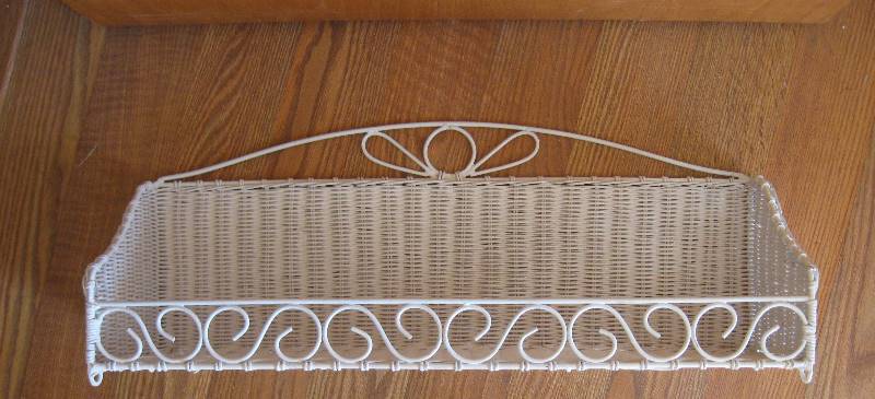 lot 27 image: 2 Vintage (1 Modern) White Cottage Shelves Wicker & Wood