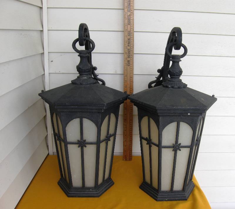 lot 44 image: 2 Vintage, EXTRA LARGE, 26 tall, Exterior, Iron, Outdoor Light Fixtures w Slag Glass