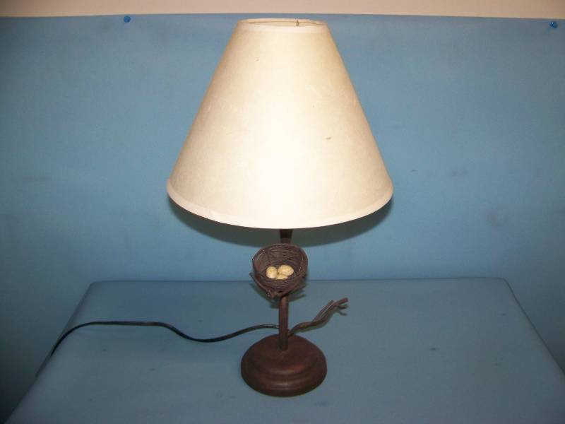 lot 50 image: Unique, Metal, Table Lamp with Birds Nest & Shade
