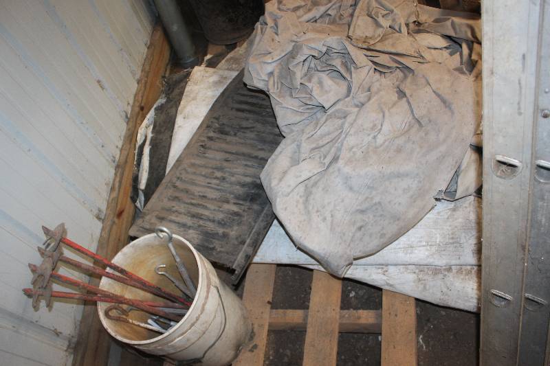 lot 18 image: Pile Lot Including Tarps Bucket w Paint Drills, Various Hooks