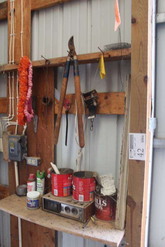 lot 42 image: ShelfWall Lot Including Tools Hardware Spray Paint Radio