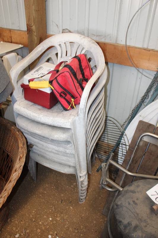 lot 78 image: Lot of (11) Including 9-Plastic Yard Chairs 2-Bag Coolers