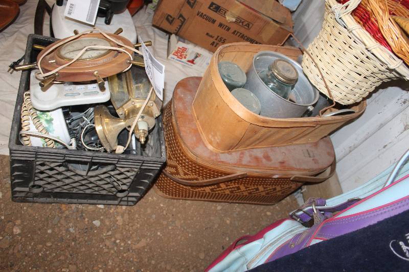 lot 85 image: Lot of (3) Boxes of Household Items Including Lighting Clock Phone Picnic Baskets Mason Jars