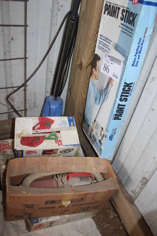 lot 86 image: Corner Lot Including Dirt Devil Vacuum Paint Stick Eureka Vacuum w Attachments And More