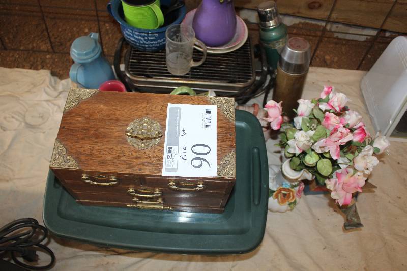lot 90 image: Pile Lot Including Jewelry Box Grill Thermos Fake Flowers And More