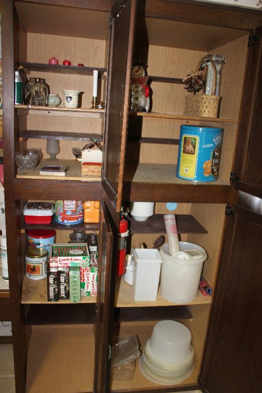 lot 260 image: Lot of (6) Cabinet Contents Including Pantry Items Plastic Bins Decorations
