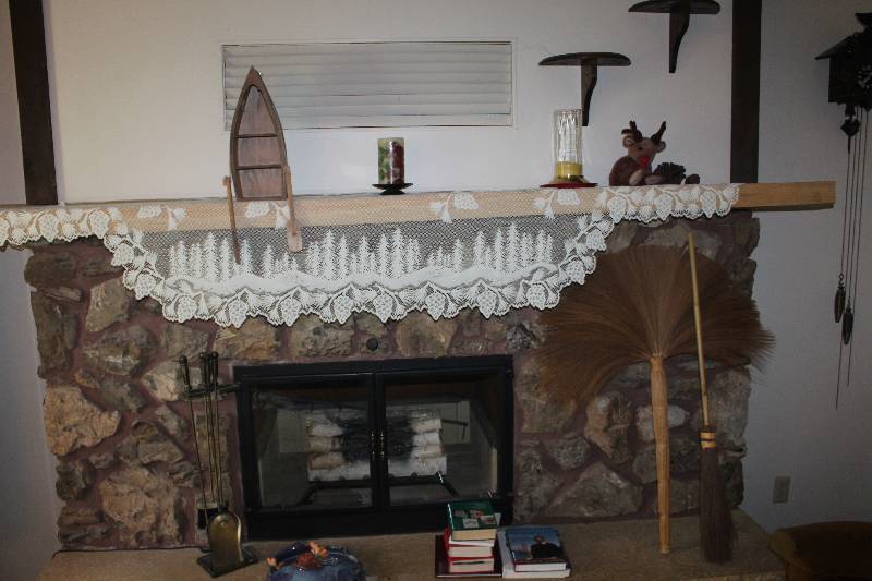 lot 268 image: Contents Around Fireplace Including Fireplace Tools Mantel Decorations Books