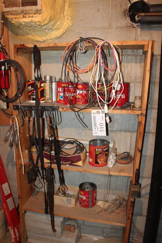 lot 310 image: Contents Including BBQ Grill Tools Cords Coffee Cans And More