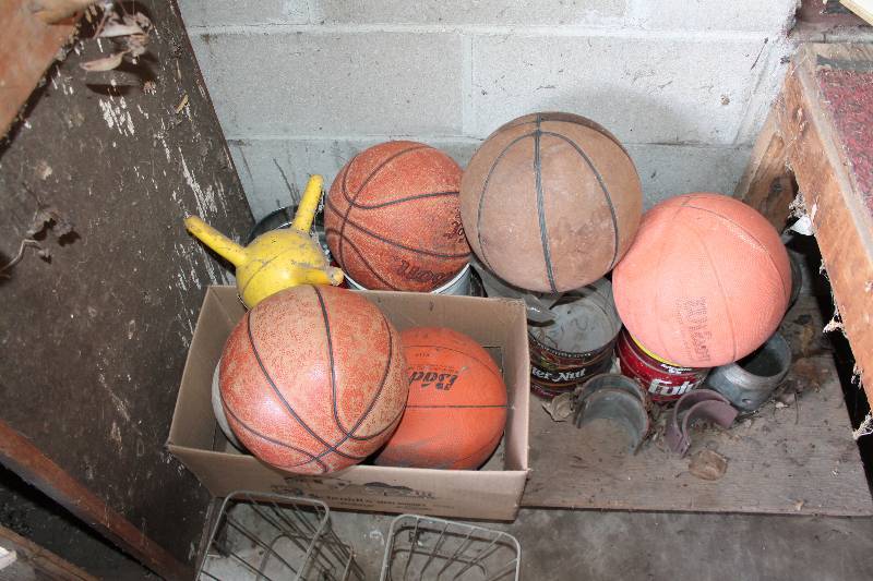 lot 152 image: Corner Lot Including Basketballs Soccer Ball Bike Basket Buckets of Nails