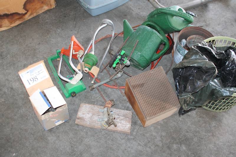 lot 198 image: Floor Lot Including Garden Sprinklers Water Cans Blower Motor Irrigation Head Basketball Hoop