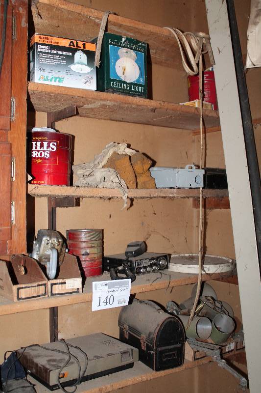 lot 140 image: Contents of Shelves Including Hardware Tools Appliance CB Radio Tin House Plumbing Lunchbox Lights Fan And More