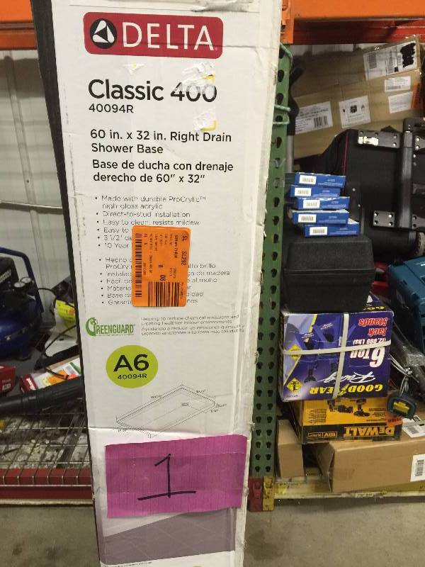 lot 1 image: 40094R Classic 400 60in. X 32in. Shower Base - Right Drain New