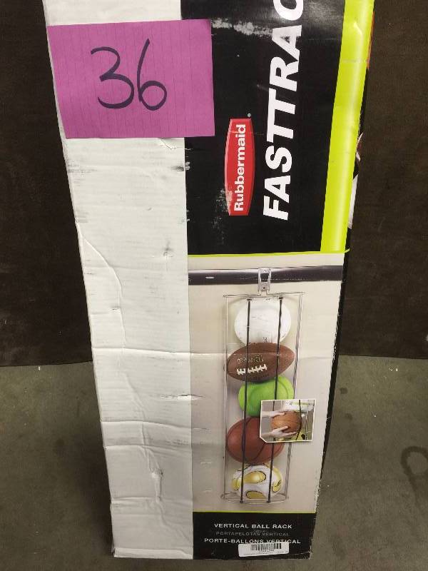 lot 36 image: Rubbermaid FastTrack Garage Storage Vertical Ball Rack NEW